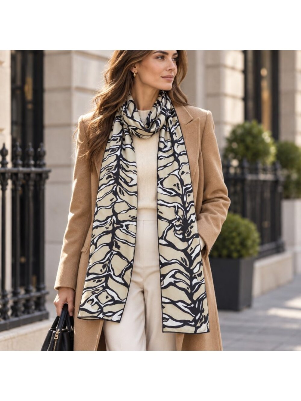 Echo Long Oblong Scarf Beige Black White Abstract Print 65” Statement Wrap